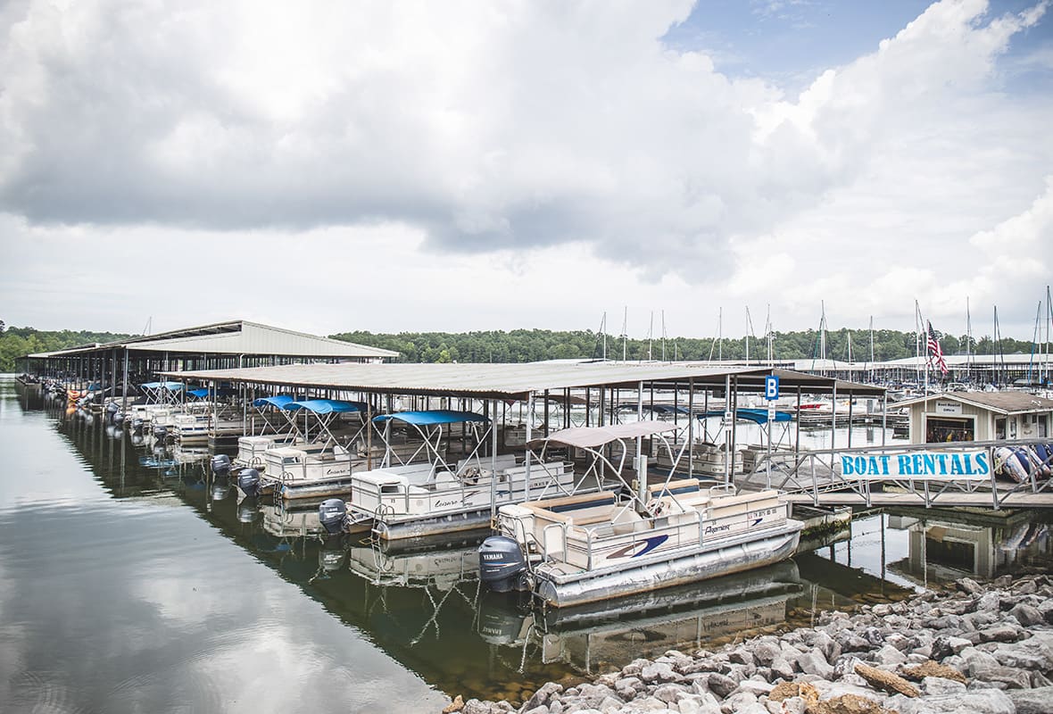 VIew of boat rental section of marina