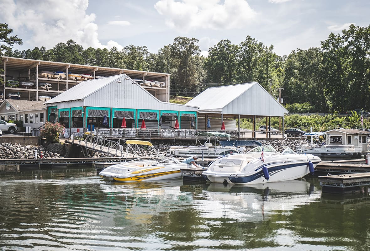 View of covered and uncovered slips at marina