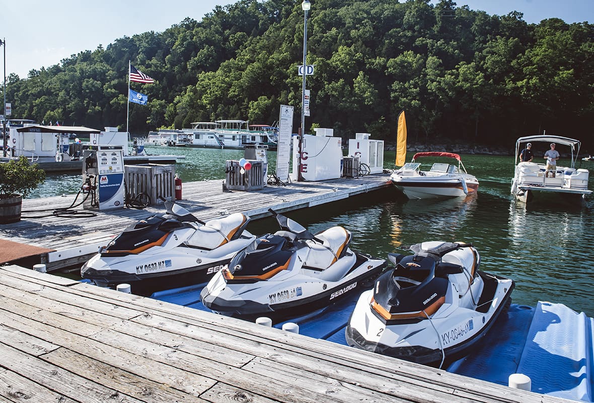 Jet skis docked at marina
