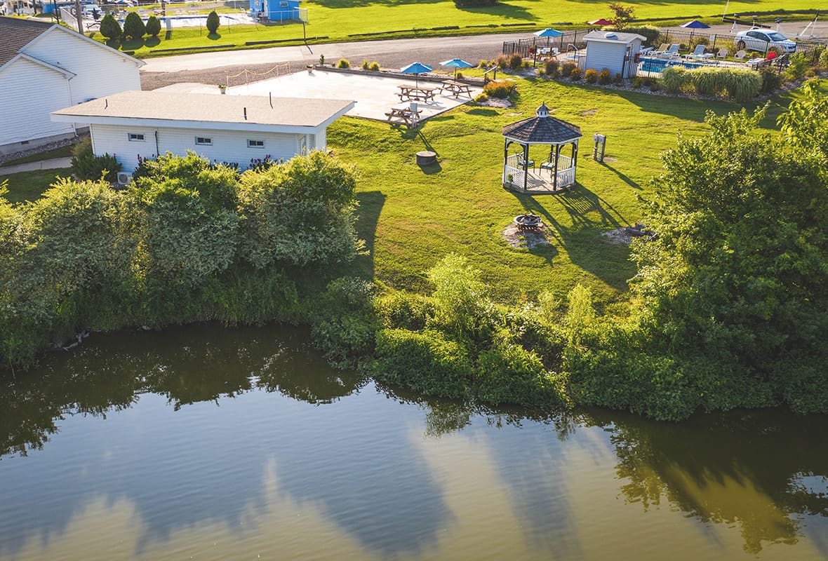 Aerial view of park by marina