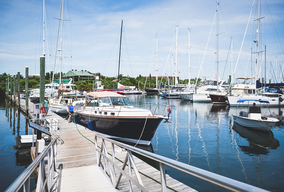 Boats docked at marina