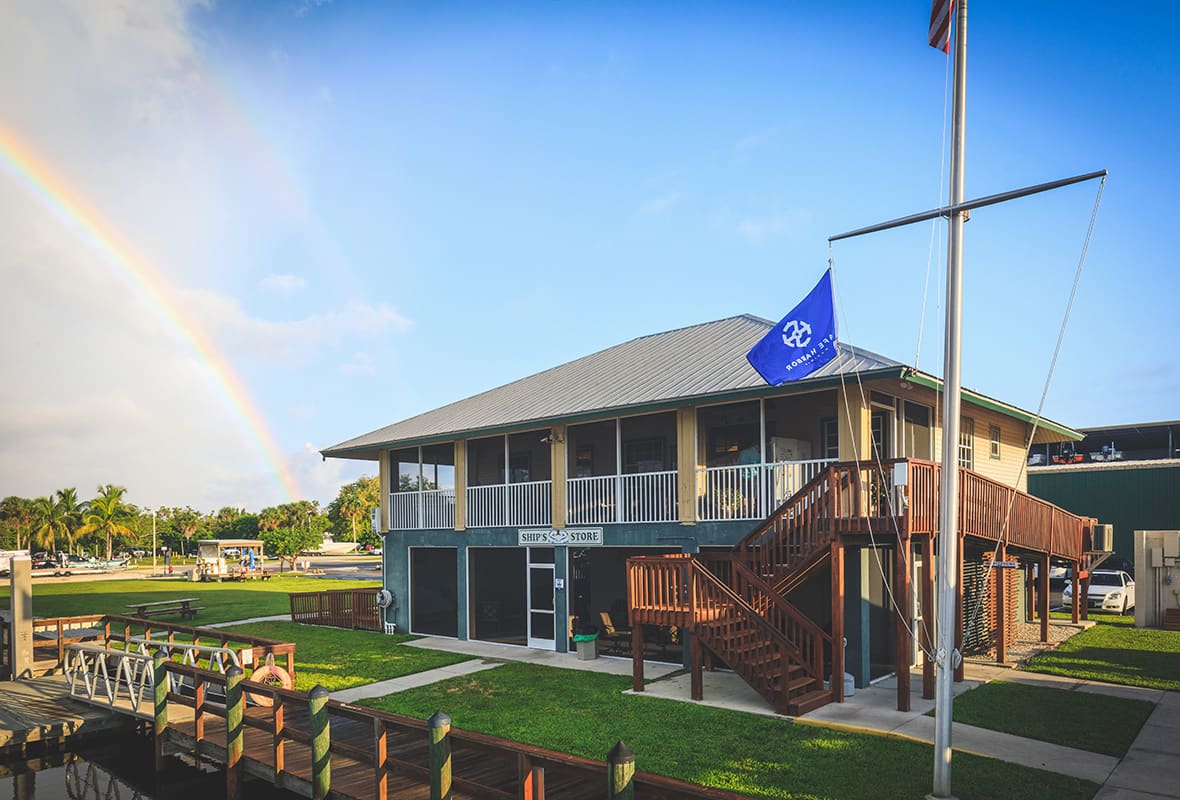 Marina entrance with rainbow