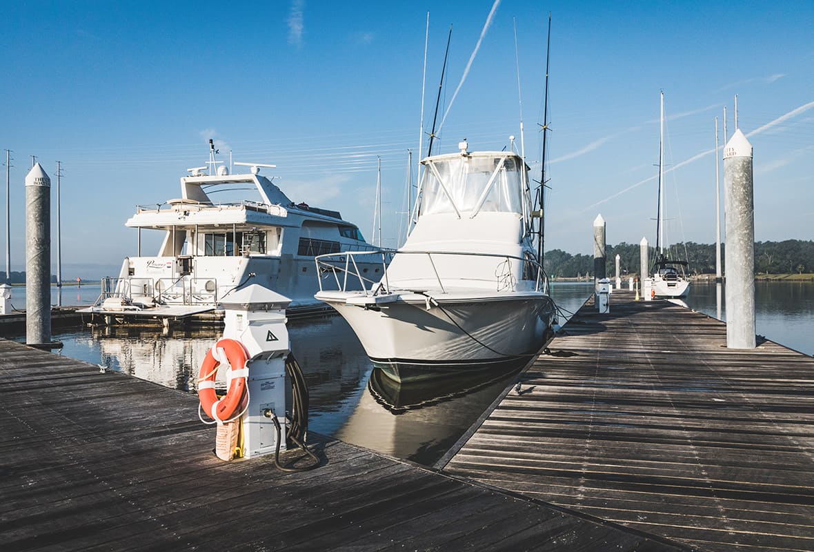 Boats docked at marina