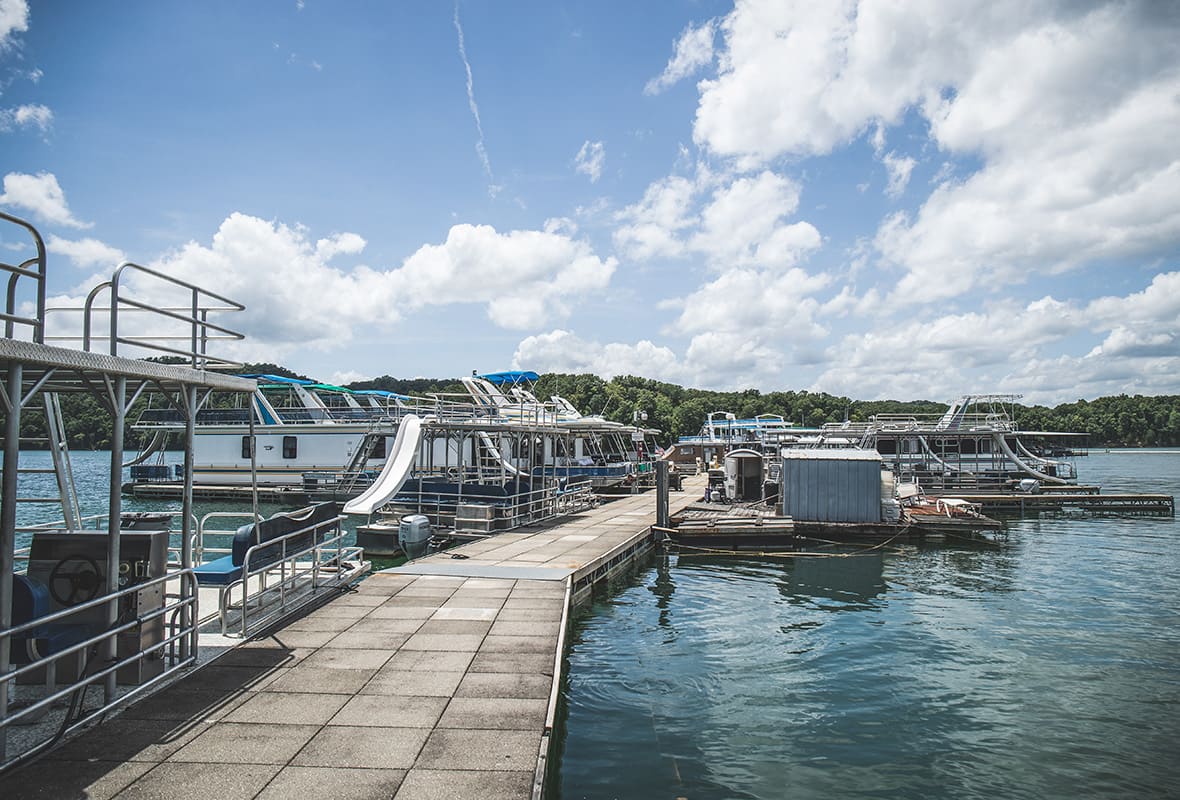 Pontoon boats docked at marina