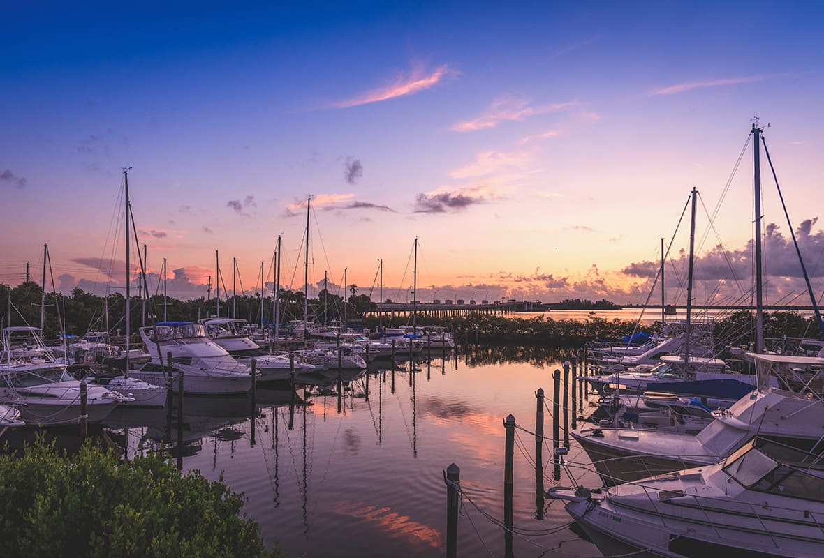 View of marina at sunset