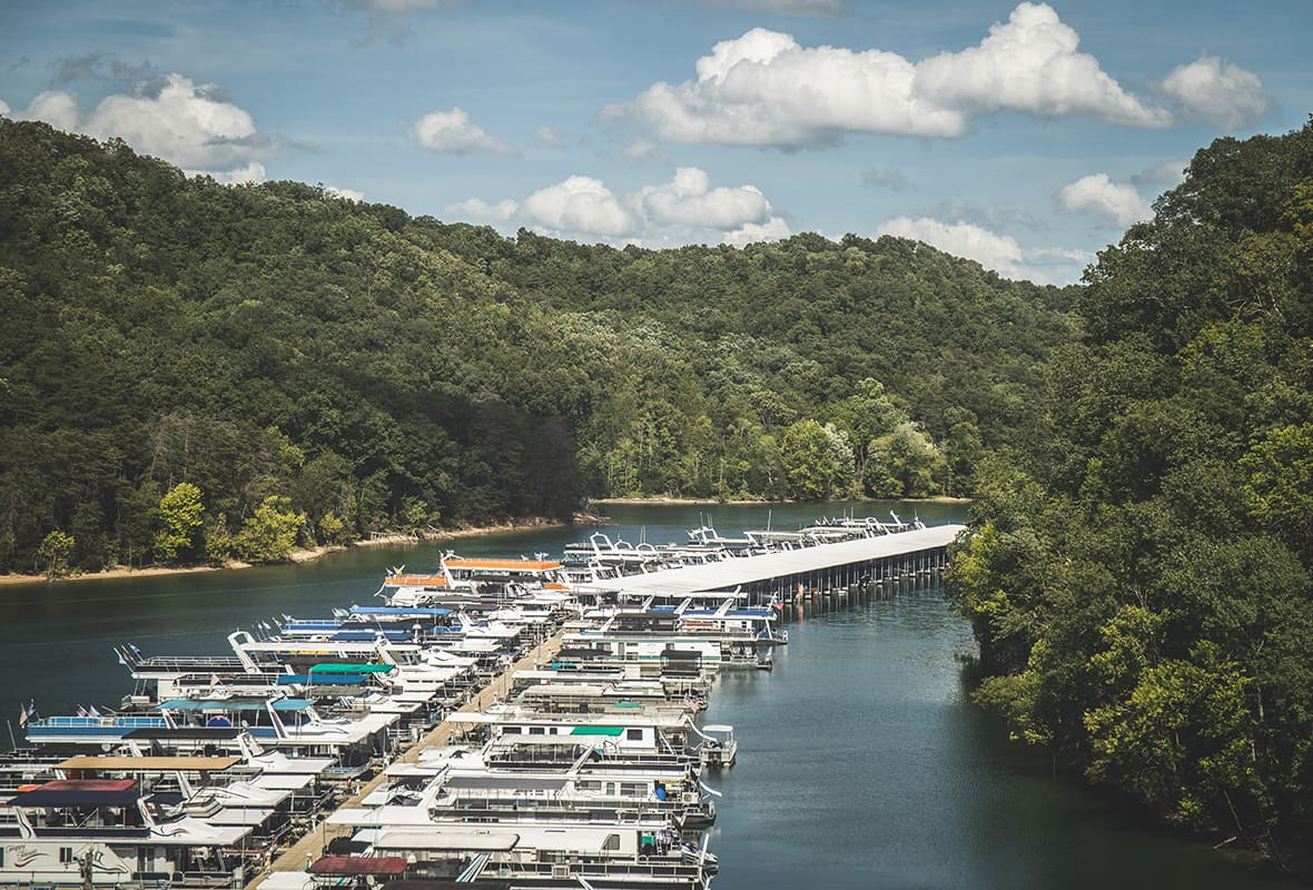 Pontoon boats docked at marina