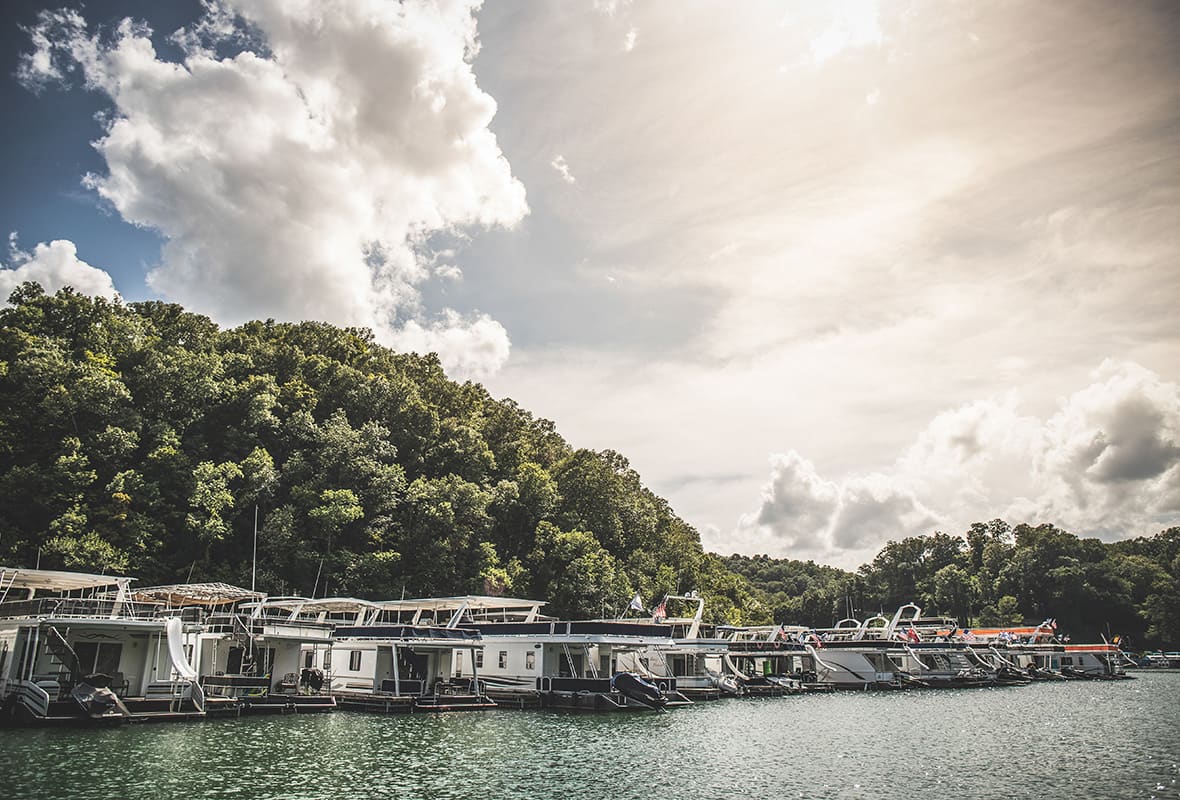 Boats docked at marina