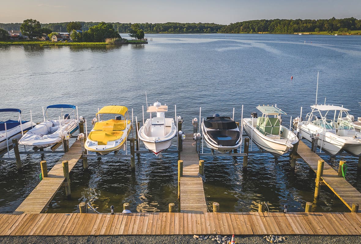 Boats docked at marina