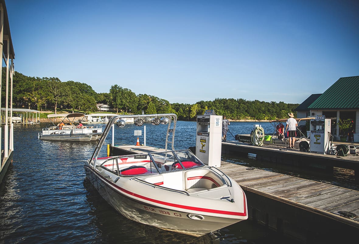 Boat docked at fuel dock