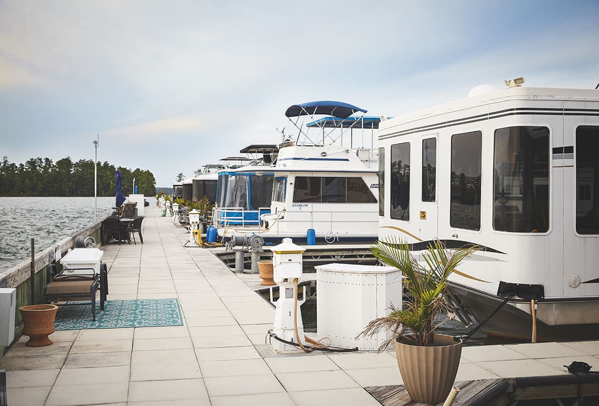 Boats docked at marina